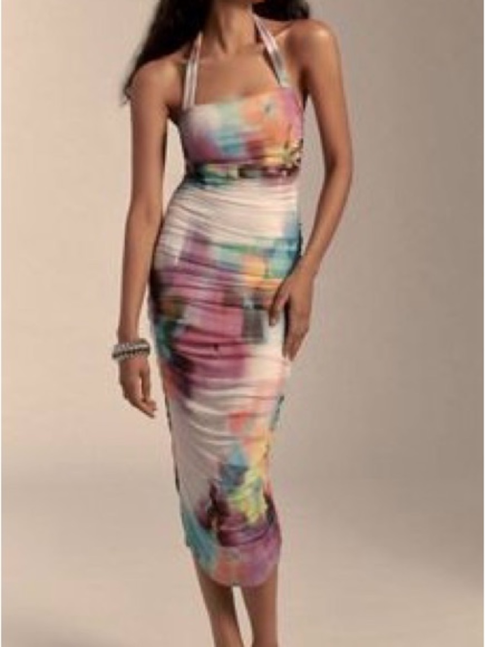 Anthropologie Multicolor Mesh Halter Maxi Dress in Pastel Watercolor Print